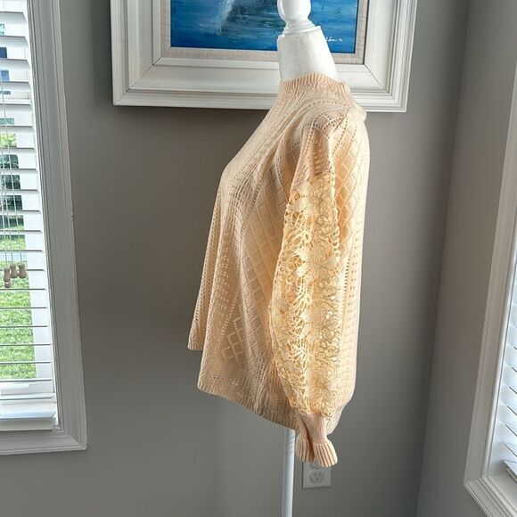 Boho Cream Yellow Fall Crocheted Lace Turtleneck Sweater medium - Picture 7 of 13